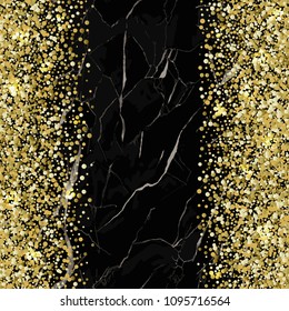 Vector marble seamless border with golden glitter vetrical stripes, white marbling surface, modern luxurious greeting card background, luxury new year wallpaper.