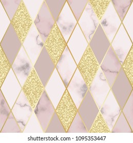 Vector marble seamless pattern with golden geometric diagonal lines. Gold glitter, white and pink rhombus marbling surface, modern luxurious background, luxury wallpaper.