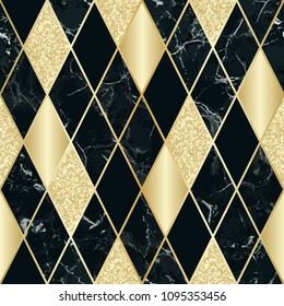 Vector marble seamless pattern with golden geometric diagonal lines. Gold, golden glitter and black rhombus marbling surface, modern luxurious background, luxury wallpaper.
