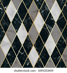 Vector marble seamless pattern with golden geometric diagonal lines. White, gray, black rhombus marbling surface, modern luxurious background, luxury wallpaper.