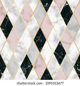 Vector marble seamless pattern with golden geometric diagonal lines. White, pink, black rhombus marbling surface, modern luxurious background, luxury wallpaper.