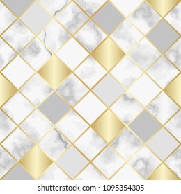Vector marble seamless pattern with golden geometric diagonal lines, white marbling surface, modern luxurious background, luxury wallpaper.