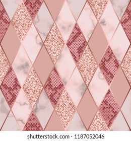 Vector marble seamless pattern with golden geometric diagonal lines. Gold glitter, white and pink rhombus marbling surface and snakeskin, modern luxurious background, luxury wallpaper.