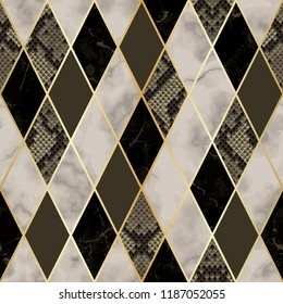 Vector marble and snakeskin seamless pattern with golden geometric diagonal lines. Brown and beige rhombus marbling and reptile surface, modern luxurious background, luxury wallpaper.