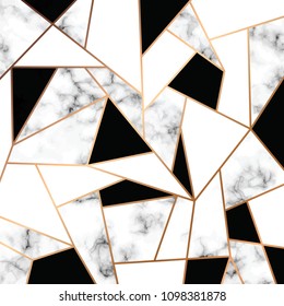 Vector marble texture design with golden geometric lines, black and white marbling surface, modern luxurious background, vector illustration