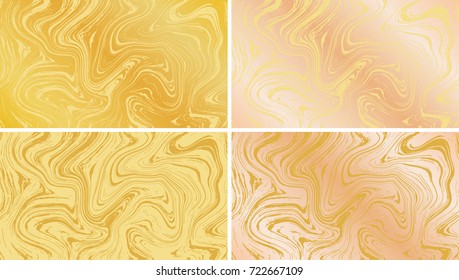 Vector Marble Texture in Gold and Rose Gold. Set of 4 Ink Marbling Paper Elegant Luxury Backgrounds. Liquid Metallic Paint Swirled Patterns. Japanese Suminagashi or Turkish Ebru Technique. HD format.