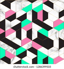 Vector marble texture, pattern design with golden geometric lines. Modern luxurious background