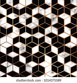 Vector marble texture, seamless pattern design with golden geometric lines and cubes, black and white marbling surface, modern luxurious background