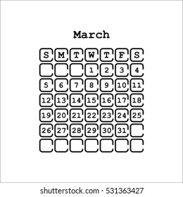 Vector March 2017 month calendar, black color. Week Starts on Sunday