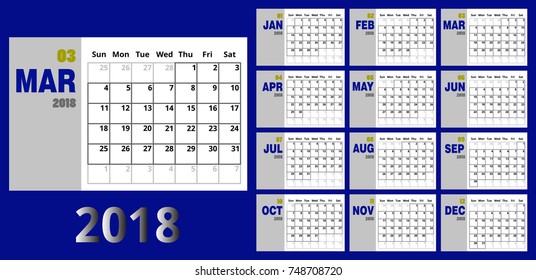 Vector March 2018 new year calendar blue and yellow color,Holiday event planner,Week Starts Sunday