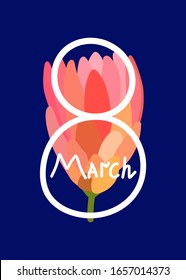 Vector March 8 greeting card. Festive concept Women's Day. Hand drawn pink flowers and lettering March 8 on a trendy classic blue background. Congratulations to women and girls on the spring holiday