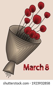 Vector. March 8, International Women's Day. Bouquet with red flowers, packed in kraft paper. Cut the paper in layers. Festive banner, web poster, flyer, stylish brochure, postcard, cover.
