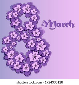 Vector. March 8, International Women's Day. Purple sakura flowers, cherry blossoms are placed along the contour of number 8. Festive banner, web poster, flyer, stylish brochure, postcard, cover.