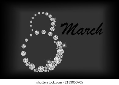 Vector. March 8, International Women's Day. Number consisting of diamonds, calligraphic handwritten text. Holiday banner, web poster, flyer, brochure, card, cover, background, poster, invitation.