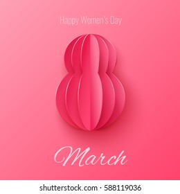 Vector March 8 invitation card. Happy International Women's Day background with with paper cut figure 8.