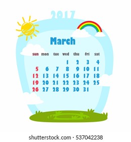 Vector March Calendar Icon with sky, rainbow, clouds and sun background.