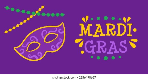 Pancarta del Vector Mardi Gras con máscara de carnaval, perlas y texto. Afiche del Mardi Gras sobre fondo morado oscuro. Diseño para el carnaval y festival del martes de grasa.