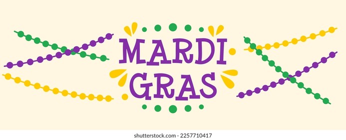 Vector Mardi Gras banner with text and beads. Mardi Gras poster on yellow background. Design for fat tuesday carnival and festival. Colorful phrase and garlands.