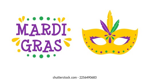 Vector Mardi Gras banner with yellow carnival mask and text. Mardi Gras poster on white background. Design for fat tuesday carnival and festival. Carnival mask with colorful feathers.