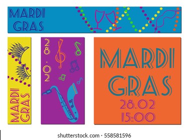 Vector Mardi Gras banners set. Vertical, horizontal and square banners.  Mardi Gras celebration.