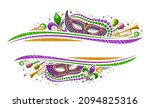 Vector Mardi Gras Border with copy space for text, horizontal template with illustration of fleur de lis symbol, colorful stars and decorative flourishes for mardigras show event on white background