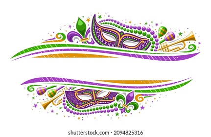 Vector Mardi Gras Border with copy space for text, horizontal template with illustration of fleur de lis symbol, colorful stars and decorative flourishes for mardigras show event on white background