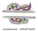 Vector Mardi Gras Border with copyspace, horizontal template with illustration of purple mardi gras symbols, colorful stars and decorative stripes for mardigras show event on white background