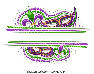 Vector Mardi Gras Border with copyspace, horizontal template with illustration of purple mardi gras symbols, colorful stars and decorative stripes for mardigras show event on white background