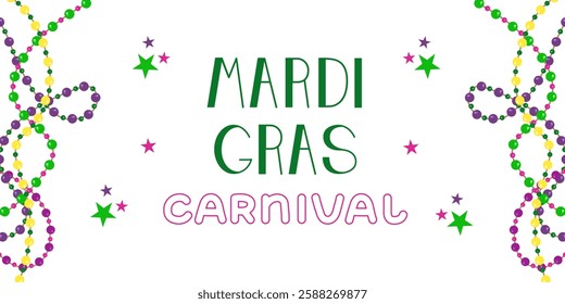 Vector Mardi Gras Carnival Background with Beads and Text. Party Invitation Card. Multicolored and Rainbow Party Background