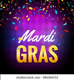 Vector mardi gras carnival greeting card. Purple festive illustration. Fun holiday party poster of mardi gras.