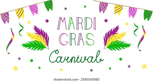 Vector Mardi Gras Carnival Poster with Text. Party Invitation Card with Flags, Feathers, and Confetti. Colorful and Rainbow Party Background