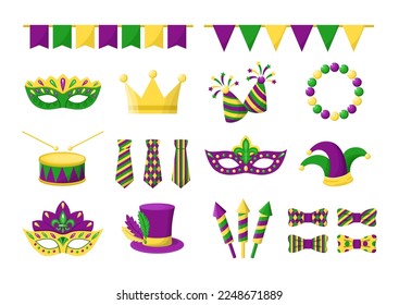 Colección de elementos de caricatura del Vector Mardi Gras. Elementos aislados del carnaval de Nueva Orlean en colores violeta, verde y amarillo