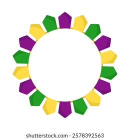 Vector Mardi Gras circle garland frame. Purple, green and yellow flags in circles with empty space on white