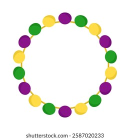 Vector Mardi Gras circle garland frame. Purple, green and yellow pompoms in circles with empty space on white