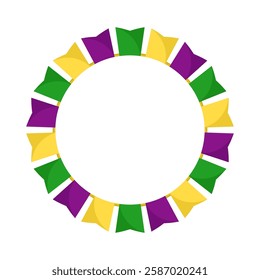 Vector Mardi Gras circle garland frame. Purple, green and yellow flags in circles with empty space on white