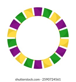 Vector Mardi Gras circle garland frame. Purple, green and yellow flags in circles with empty space on white