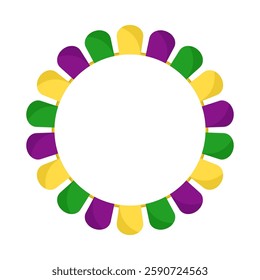 Vector Mardi Gras circle garland frame. Purple, green and yellow flags in circles with empty space on white