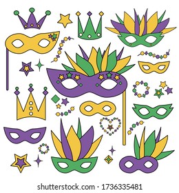 Vector Mardi Gras masks, crown, beads, feather, decor elements isolated on white background. Purple, yellow, green Venetian carnaval items. Masquarade decoration stickers. New Orleans icons, Purim set