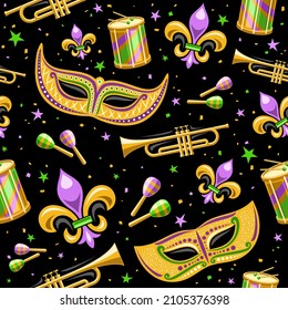 Vector Mardi Gras Seamless Pattern, square repeating background with decorative stars, yellow venice mask, street music instruments, cut out illustrations of mardi gras symbols for dark wrapping paper