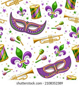 Vector Mardi Gras Seamless Pattern, square repeating background with decorative stars, purple venetian mask, street musical instruments, cut out illustrations of mardi gras symbols on white background