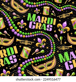 Vector Mardi Gras seamless pattern, repeat background with illustrations of fleur de lys symbol, venice mask, colorful beads, music instruments, text mardi gras on black background for wrapping paper