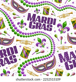 Vector Mardi Gras patrón sin fisuras, repetición de fondo con ilustraciones del símbolo fleur de lis, máscara de venecia, cuentas coloridas, instrumentos musicales, mardi gras de texto sobre fondo blanco para envolver papel