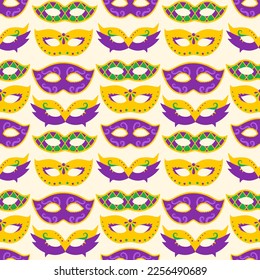 Vector Mardi Gras sin fisuras con máscaras de carnaval. Las máscaras del Mardi Gras sobre el fondo amarillo. Diseño para el carnaval y festival del martes de grasa. Patrón colorido.