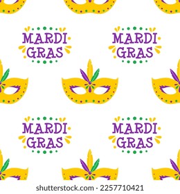 Vector Mardi Gras seamless pattern with carnival masks with feathers and text. Mardi Gras masks and phrase. Design for fat tuesday carnival and festival. Colorful background.