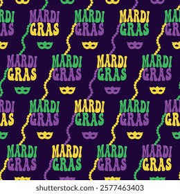 Vector Mardi Gras seamless pattern with beads, carnival masks and text, vector background