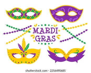 Vector Mardi Gras ambientado con máscaras de carnaval y cuentas. Texto del Mardi Gras. Diseño para el carnaval y festival del martes de grasa.