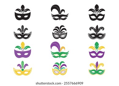 Vector Mardi Gras set with carnival masks. Mardi Gras mask collection