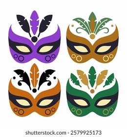 Vector Mardi Gras set with carnival masks. Mardi Gras mask collection with feather details. Design for masquerade, festival, and costume parties. Colorful and elegant illustration