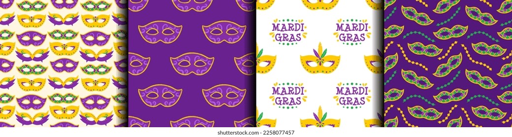 Vector Mardi Gras set of seamless patterns. Backgrounds with carnival masks and beads. Design for fat tuesday holiday, carnival and festival. Colorful patterns.