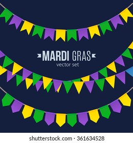 Vector Mardi Gras traditional flags set isolated on dark background